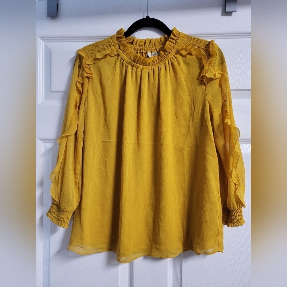 NWT Cato Women's Yellow Ruffle Sheer Blouse Size M